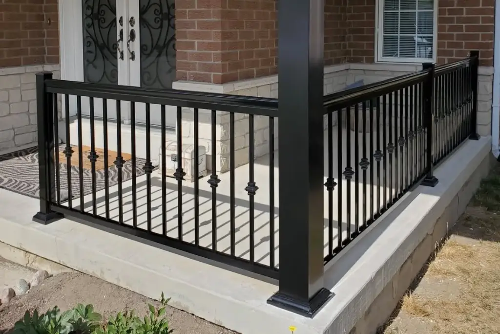 Black aluminum porch railing with circle design in Riverdale, Toronto