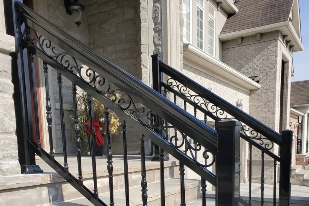 Black aluminum picket railing on a porch in Pickering